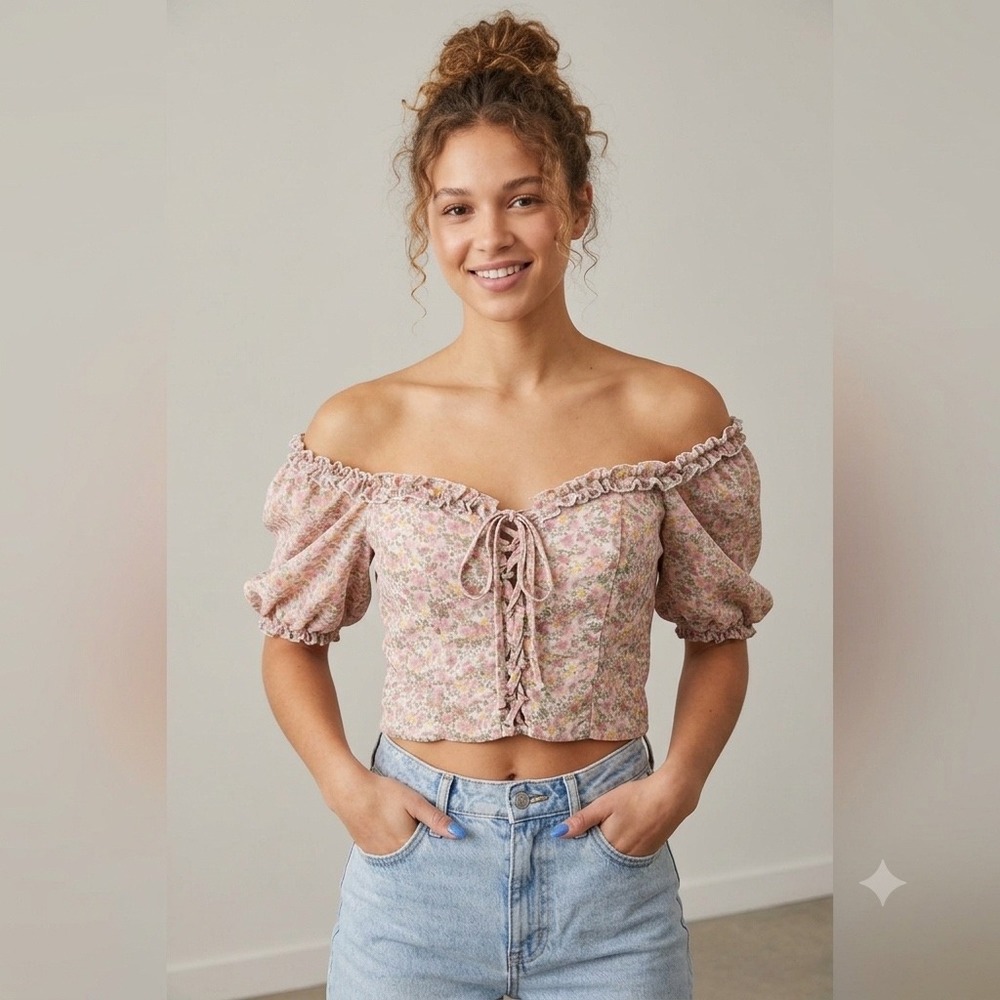 Altar'd State Floral Smocked Lace Up Corset Milkmaid Crop Top Blouse Size M